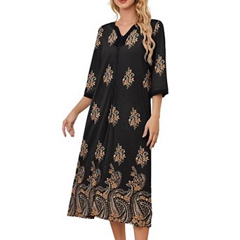 Women Zipper Front Housecoats With Pockets Lightweight 3/4 Sleeves Loungewear