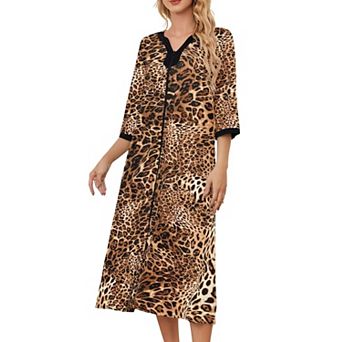 Women Zipper Front Housecoats With Pockets Lightweight 3/4 Sleeves Loungewear