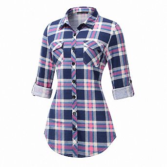 Womens Soft Stretchy Knit Plaid Button Down Roll Up Long Sleeve Collared Shirt