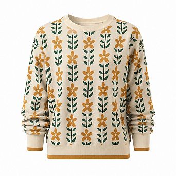 Womens Long Sleeve Crewneck Printed Knitted Sweater Loose Fit Pullover
