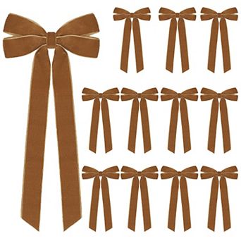 12 pc Vintage Velvet Ribbon Bows Christmas Tree Decorations,5 in x 10 in Brown Xmas Ornaments for Home