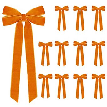 12 pc Fall Velvet Ribbon Bows Tree Decorations 5 in x 10 in Orange,Home Thanksgiving Party Front Door