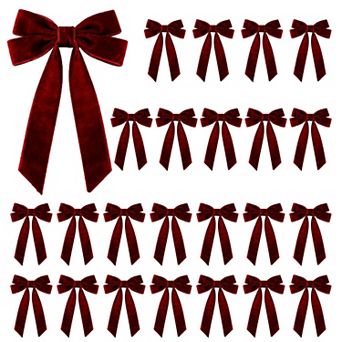 Christmas Tree Bows, 24 Pack,Soft Velvet Fabric, Easy Hanging, Angled Ribbon Tails
