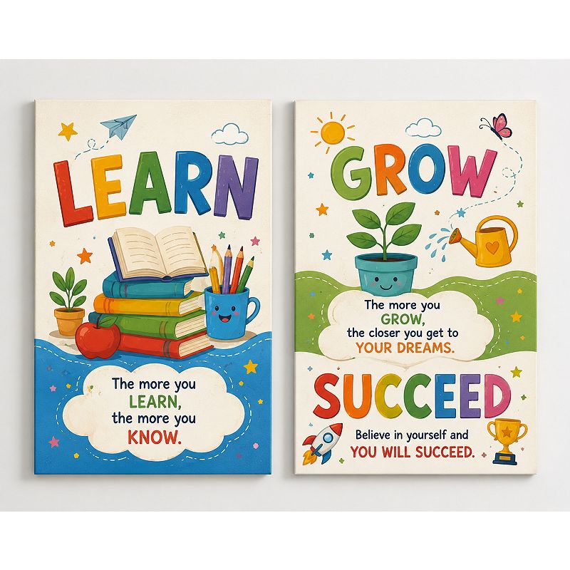 Large Set of 2 Learn Grow Succeed Motivational Canvas Wall Art ...