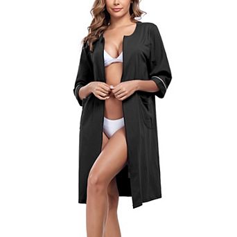 Women's Cotton Zip Up Robe 3/4 Sleeve Lightweight Loungewear With Pockets