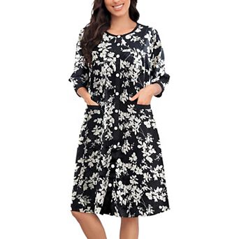 Women Snap Front 3/4 Sleeve House Dress Duster Robe With Pockets Lounge Wear