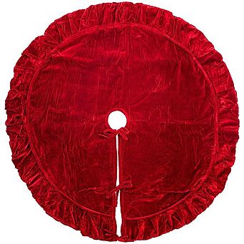 Fieldview 60 Inch Plush Red Velvet Christmas Tree Skirt with 6 Inch Border and Tie Closure