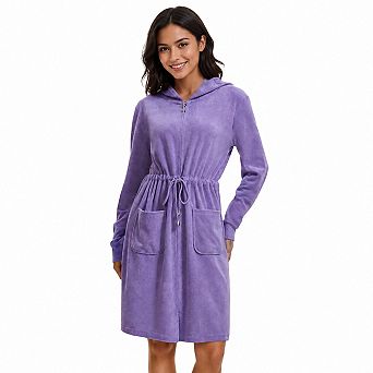 Women's Cotton Poly Terry Cloth Zip Up Hooded Bathrobe With Pockets