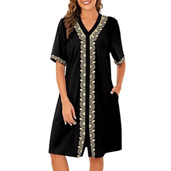 Women Cotton Button Front Long Nightgown With Pockets V Neck Lounge Dress