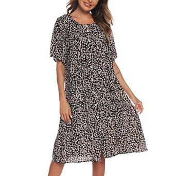 Womens Cotton Blend Button Down House Dresses With Pockets Floral Print