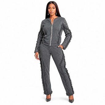 Donna Vinci Sport Women's Pearl & Fringe Jacket and Pant Set