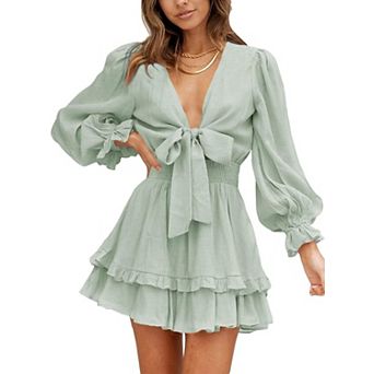 Womens Spring Fall Deep V Neck Knotted Tiered Chiffon Elegant Mini Swing Skater Dress