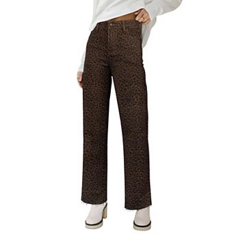 Womens High Waisted Stretchy Frayed Cropped Wide Straight Jeans
