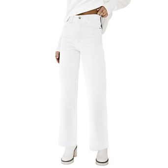 Womens High Waisted Stretchy Frayed Cropped Wide Straight Jeans