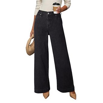 Womens Casual High Waist Jeans Stretch Wide Leg Denim Pants