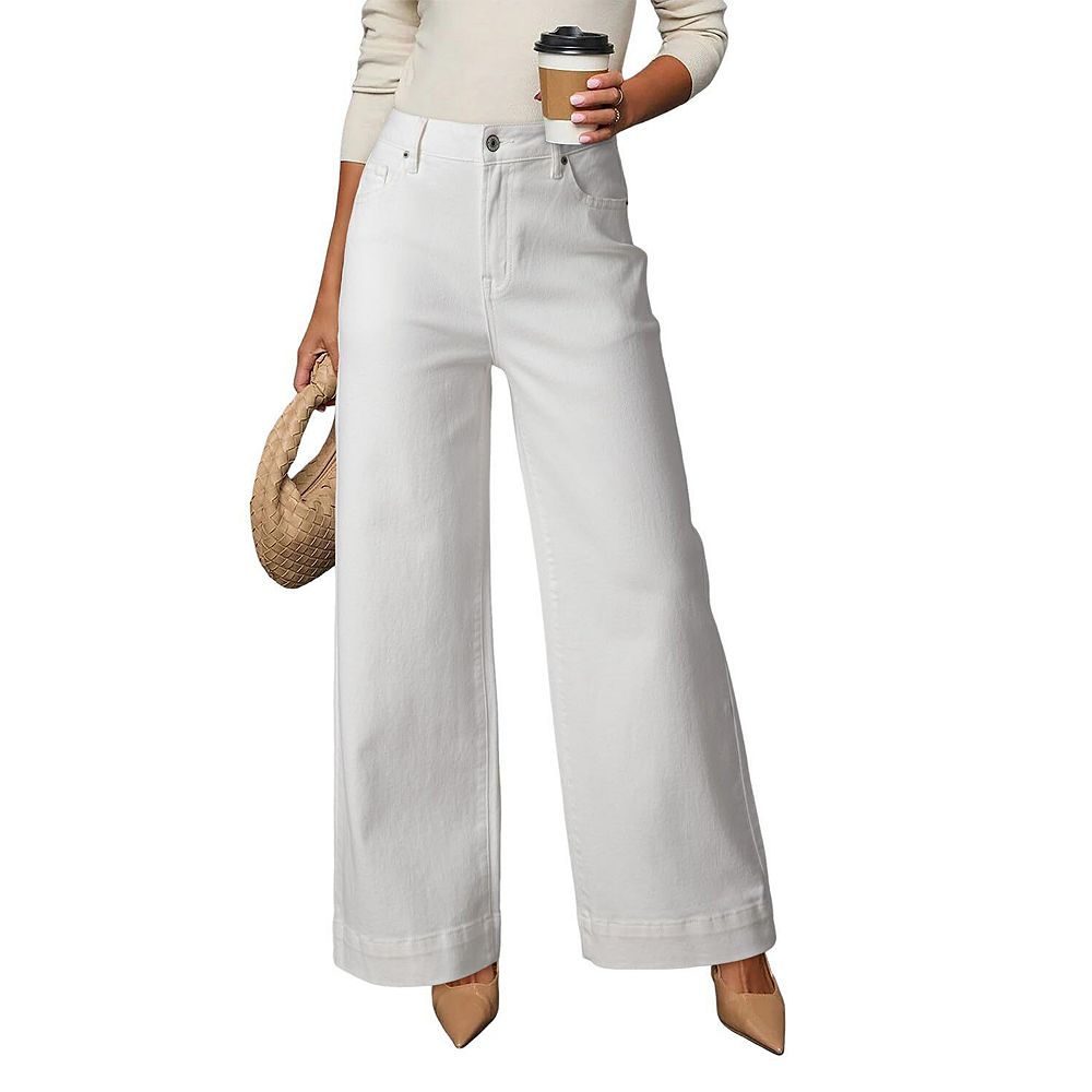 Womens Casual High Waist Jeans Stretch Wide Leg Denim Pants
