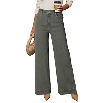 Womens Casual High Waist Jeans Stretch Wide Leg Denim Pants