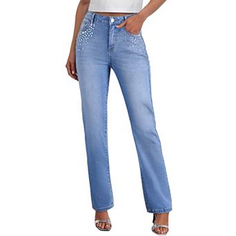 Womens High Waist Stretchy Rhinestone Straight Wide Leg Denim Jeans Pants