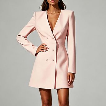 Women Long Sleeve v Neck Double Breasted Blazer Dress Elegant a-Line Wedding Evening Party Dresses