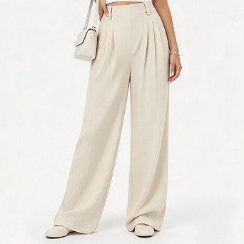 Women's Wide Leg Business Casual Work Trousers Front Pleated Pants with Pockets for Office Outfits