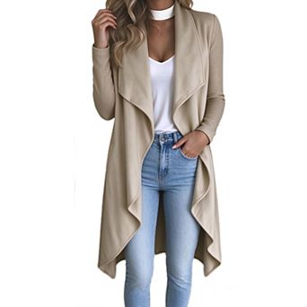 Women's Open Front Draped Trench Coat Waterfall Collar Long Sleeve Midi Casual Outerwear Cardigan