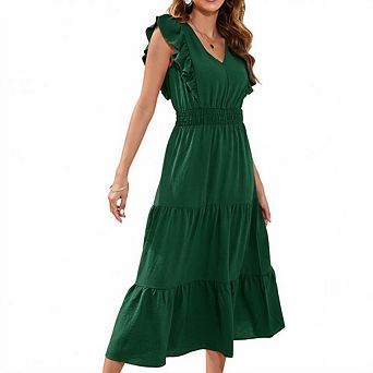 Women's V Neck Ruffle Sleeveless Tiered Midi Dress