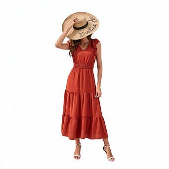 Women's V Neck Ruffle Sleeveless Tiered Midi Dress