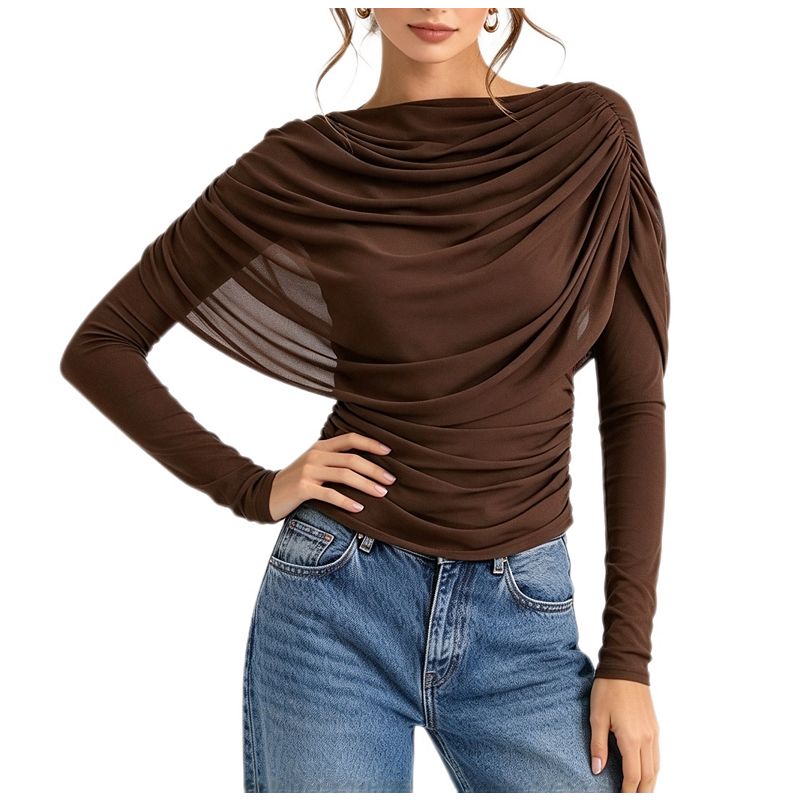 Women Long Sleeve Ruched Blouse Draped Boat Neck Mesh Patchwork Cinched ...