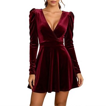 Women's Velvet Long Sleeve Dress Deep v Neck Padded Shoulder a-Line Cocktail Wedding Guest Dress
