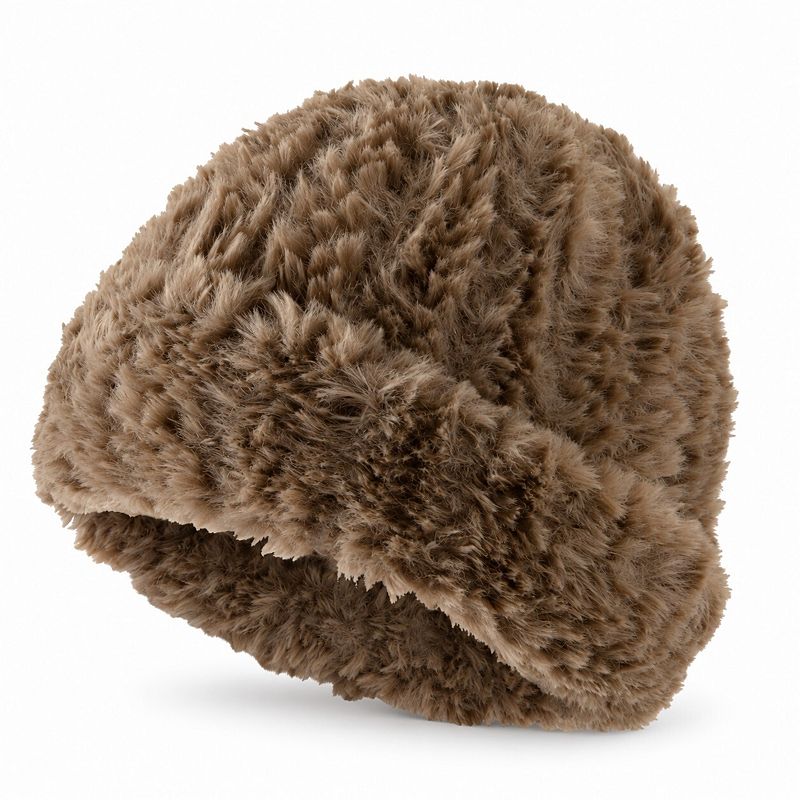Womens Fuzzy Knit Beanie Hat Soft Plush Cuffed Winter Cold Weather Cap