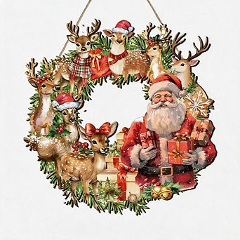 12 in Vintage Wooden Christmas Door Hanger Retro Santa Reindeer Farmhouse Decor