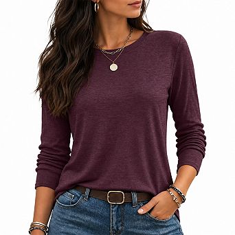 Women's Casual Long Sleeve Crewneck Stretch Tops Versatile Fall Wear