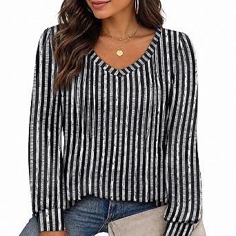 Women Long Sleeve V Neck Pleated Tunic Tops Soft Stretchy Casual Wear