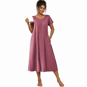 Women Cotton Blend Long Pleated House Dress With Pockets Soft Lounge Wear