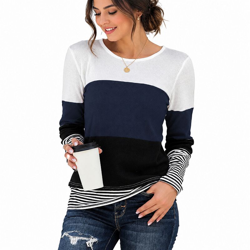 Women's Waffle Knit Long Sleeve Crew Neck Casual Loose Tops
