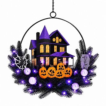 Pre-Lit Wreath For Front Door Lighted Witch 6h On 18h Off