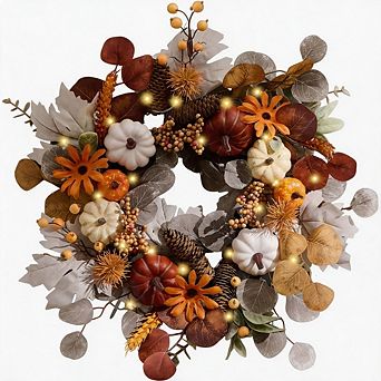 Fall Halloween Wreath with Lights for Front Door 18"