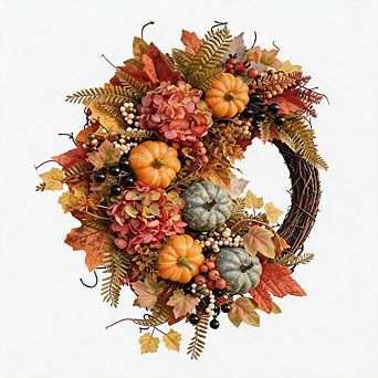 Fall Wreaths for Front Door, Artificial Pumpkin Hydrangea Autumn Wreath