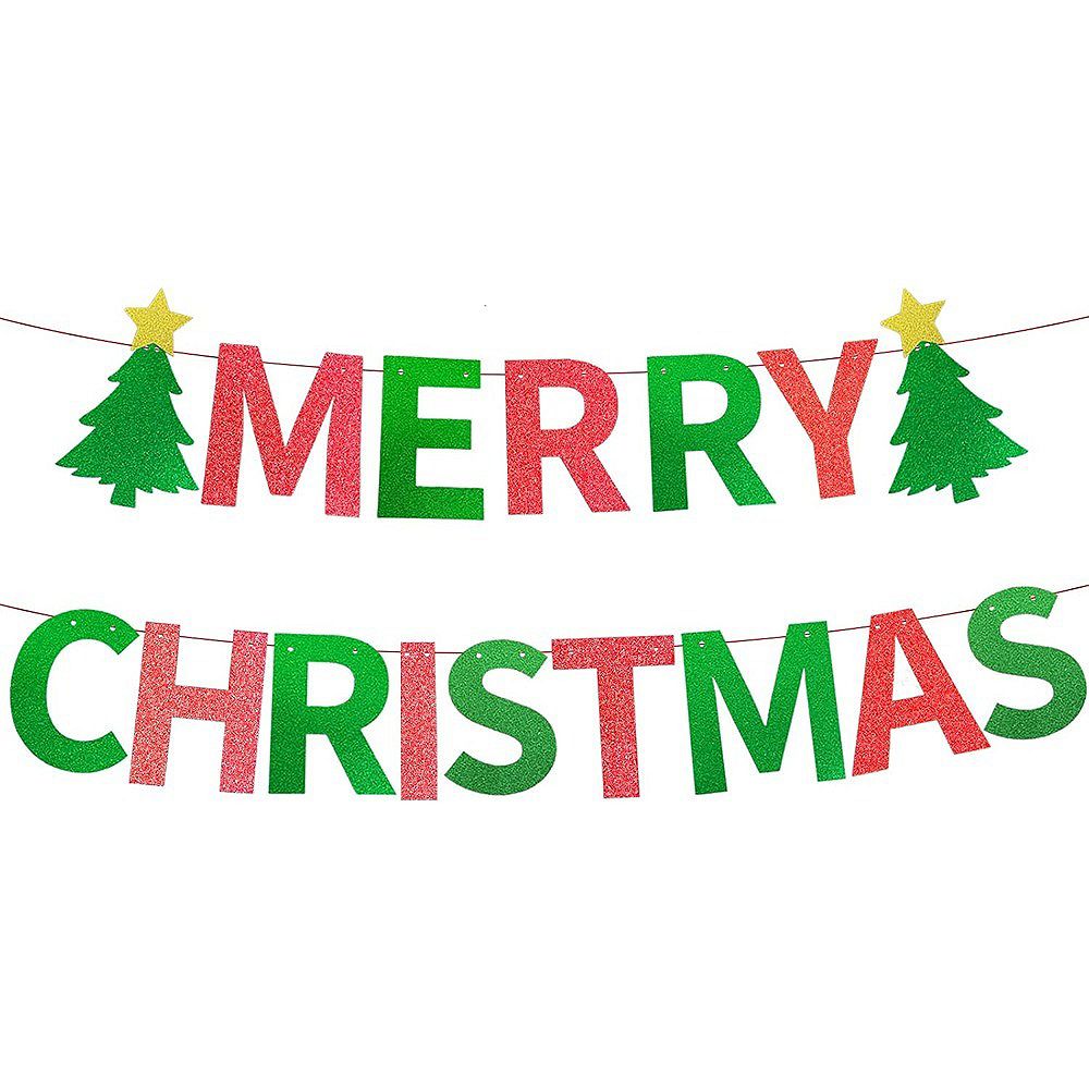 Glitter Merry Christmas Banner with Red Green Letters & Trees