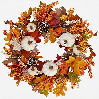 20" Fall Wreath, White Pumpkin Pine Cone Thanksgiving Farmhouse Decor