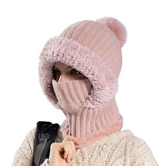 Women's Pom Pom Knit Beanie Hat with Plush Earmuffs, Fleece-Lined Winter Scarf & Mask Set