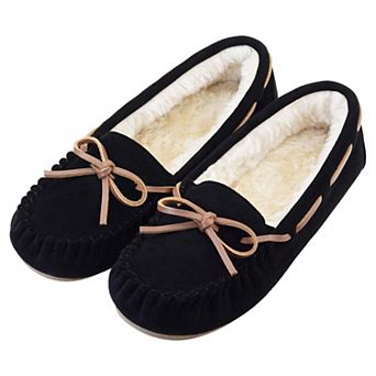 Womens Moccasin Slippers Suede Fleece Lined Bow Indoor Outdoor