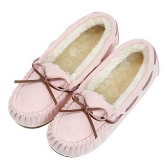 Womens Moccasin Slippers Suede Fleece Lined Bow Indoor Outdoor