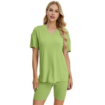 Womens Ribbed Lounge Set V Neck Short Sleeve Top and Shorts
