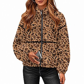 Womens Sherpa Fleece Jacket Zip Up Winter Coats Stand Collar Pockets Oversized Fit