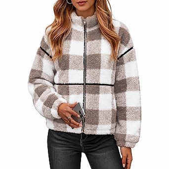 Womens Sherpa Fleece Jacket Zip Up Winter Coats Stand Collar Pockets Oversized Fit