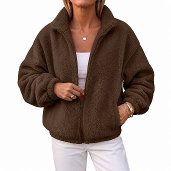 Womens Full Zip Sherpa Fleece Jacket Stand Collar Cozy Coat