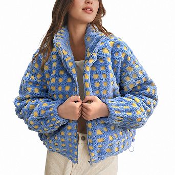 Womens Cropped Sherpa Fleece Jacket Zip Up Pockets Casual Winter Coat
