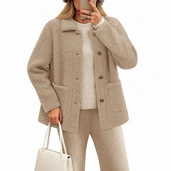 Womens Fleece Sherpa Teddy Coat Long Sleeve Button Down Outerwear