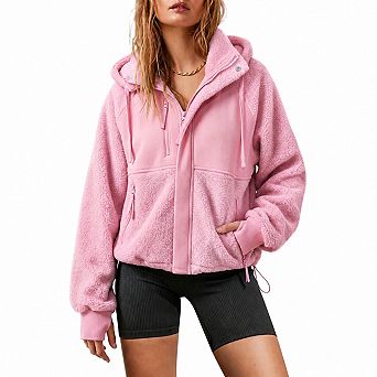 Womens Sherpa Fleece Zip Up Hooded Oversized Casual Coats